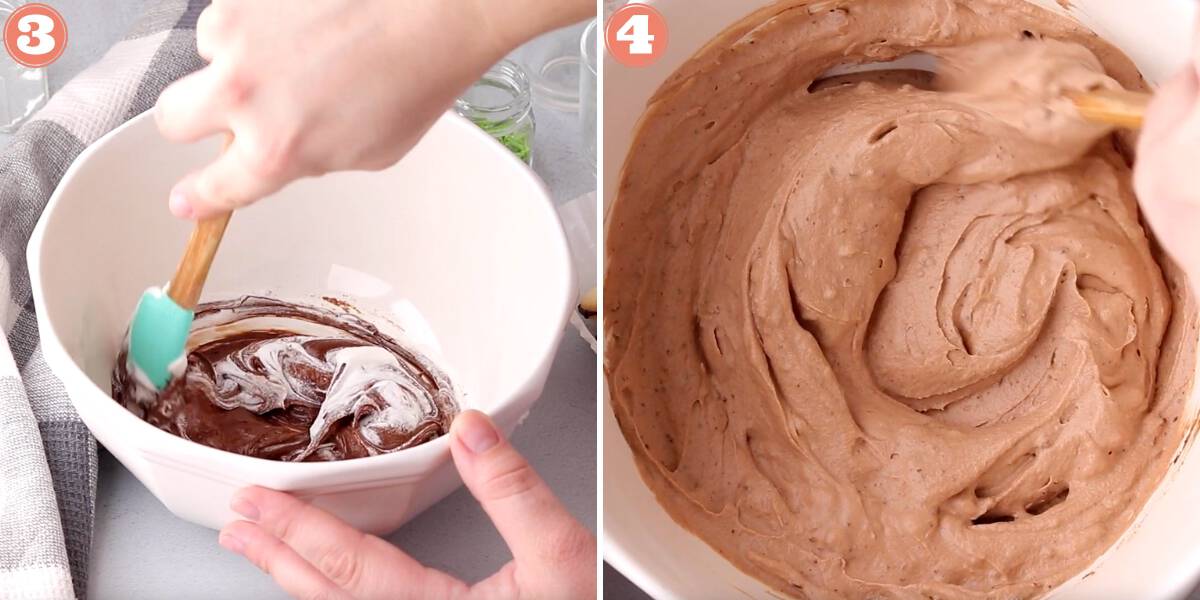 Folding melted chocolate into heavy cream until smooth