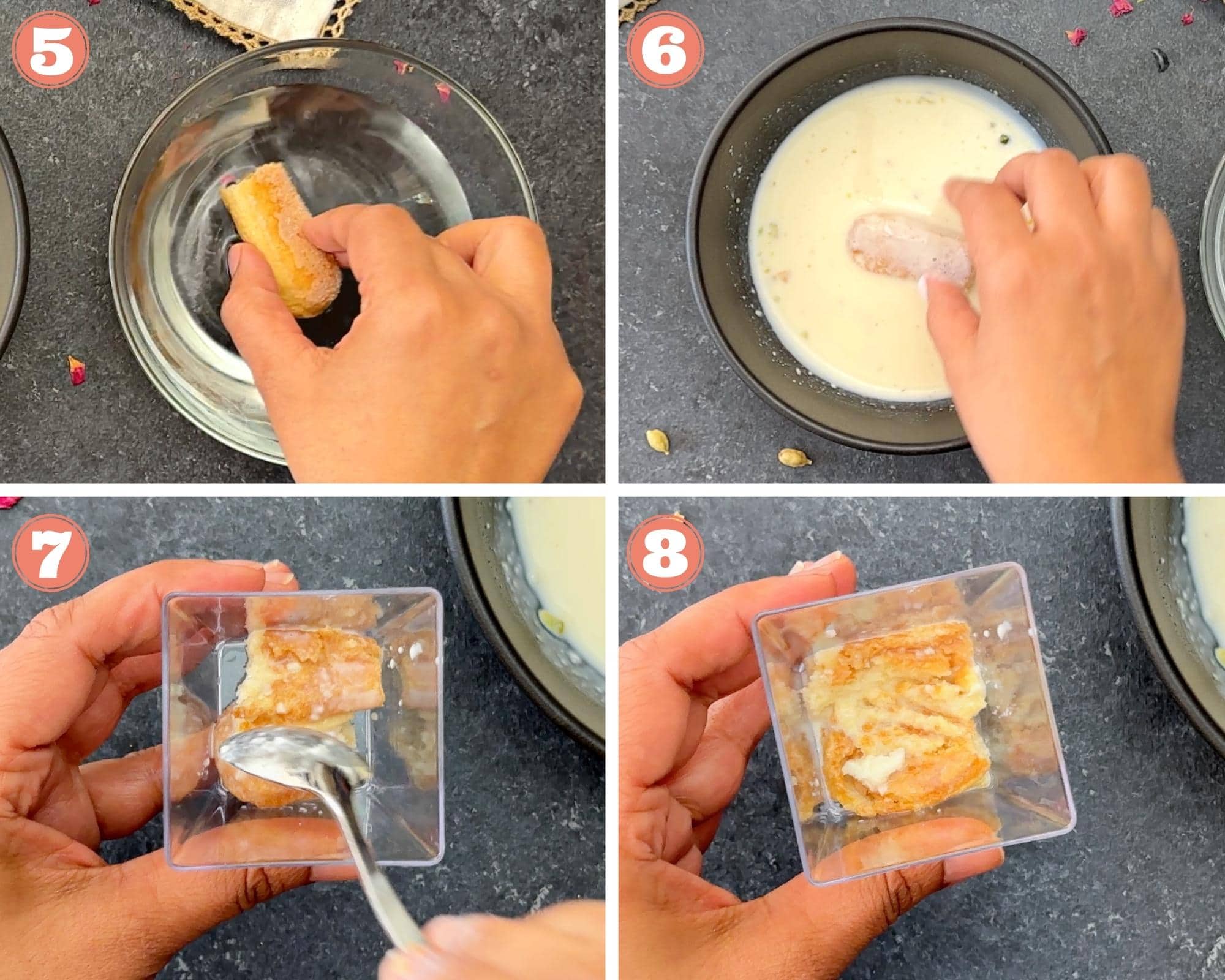 four step grid layering rasmalai cake jars