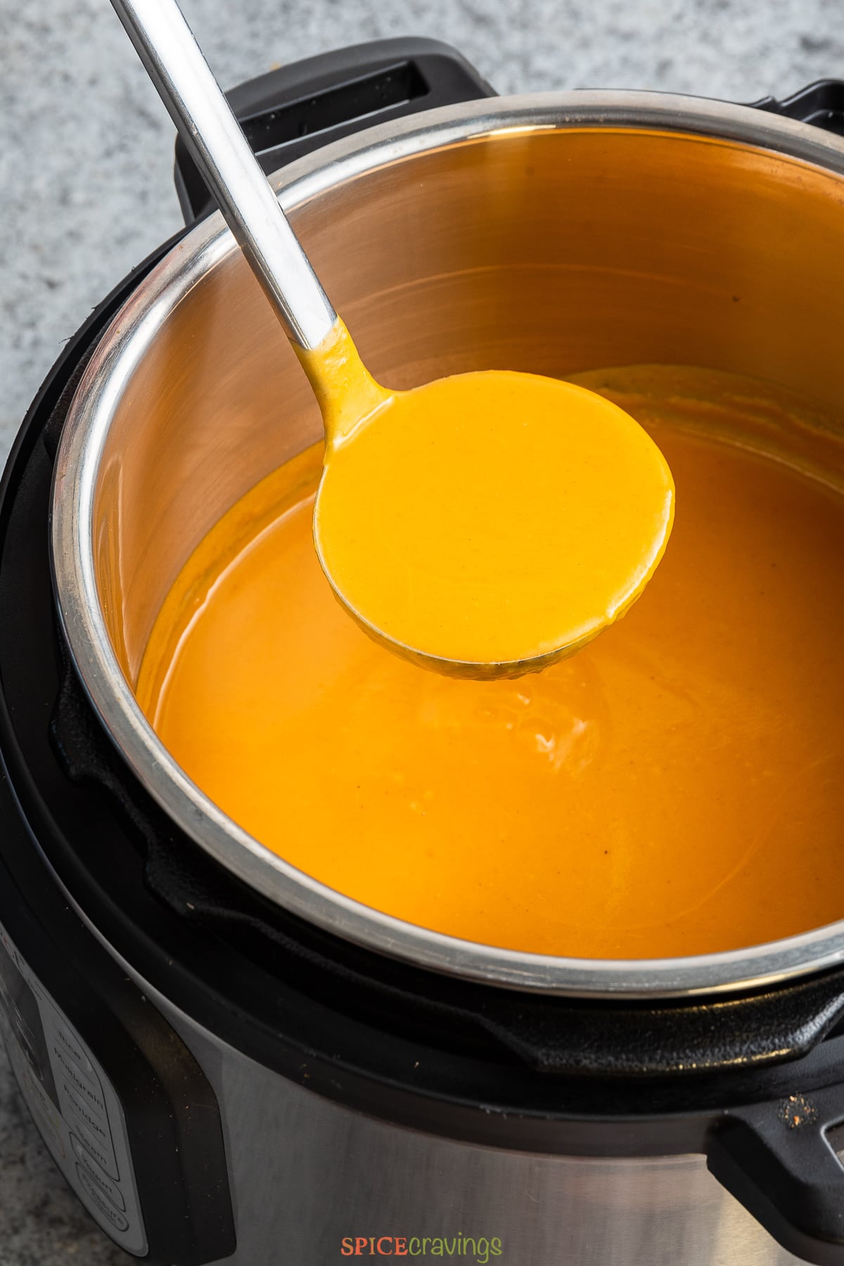 ladle full of butternut squash curry soup in instant pot