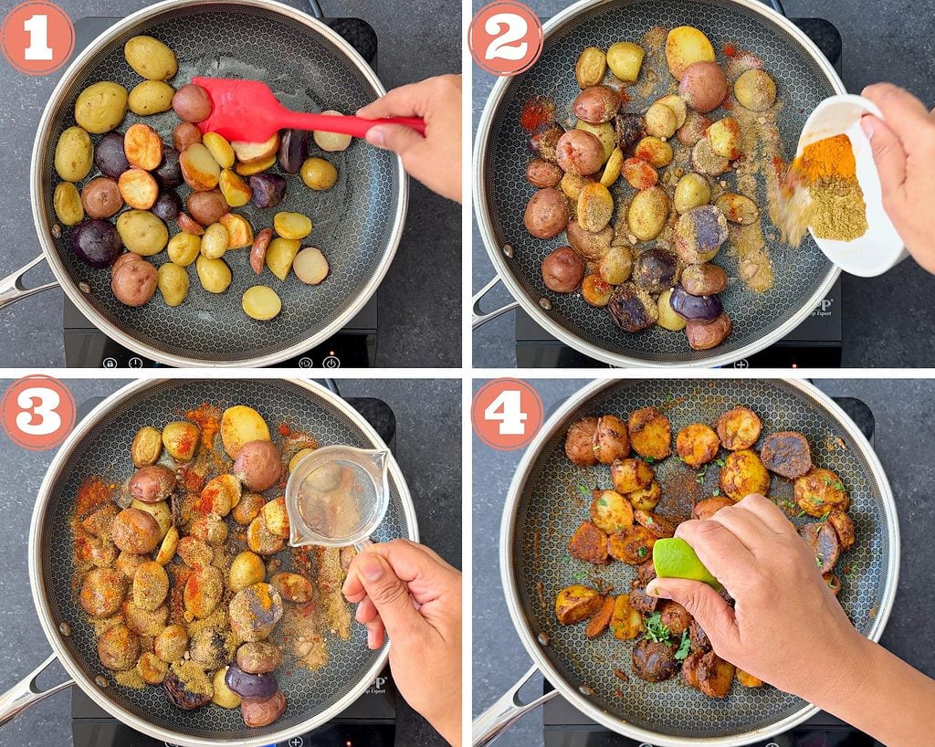 4-step process showing how to make Indian spiced potatoes in skillet