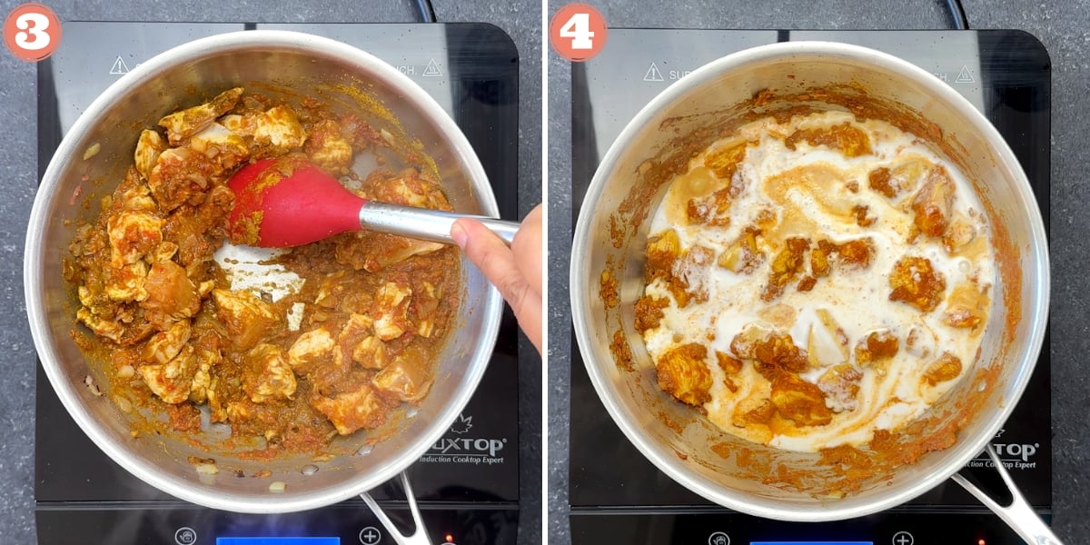 Two step process showing sautéing chicken and adding coconut milk in pan