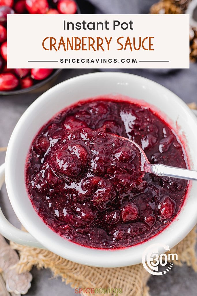 Spoon dipped in bowl with cranberry sauce