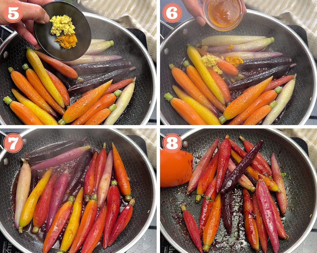 steps showing how to make honey glazed carrots in skillet