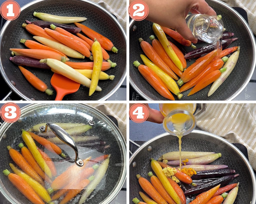 4-step image grid showing how to make glazed carrots in skillet