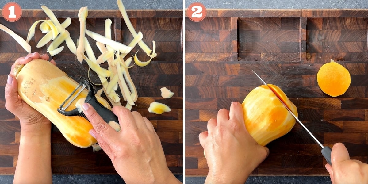 Two images showing how to peel and cut ends off a butternut squash