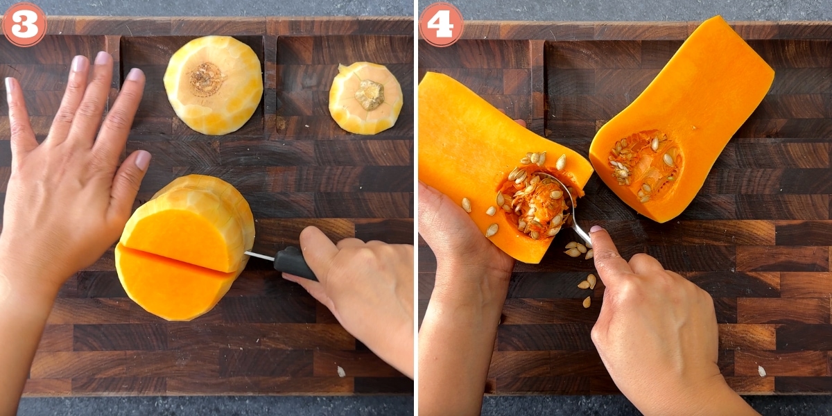 Showing how to cut butternut squash in half and scoop the seeds