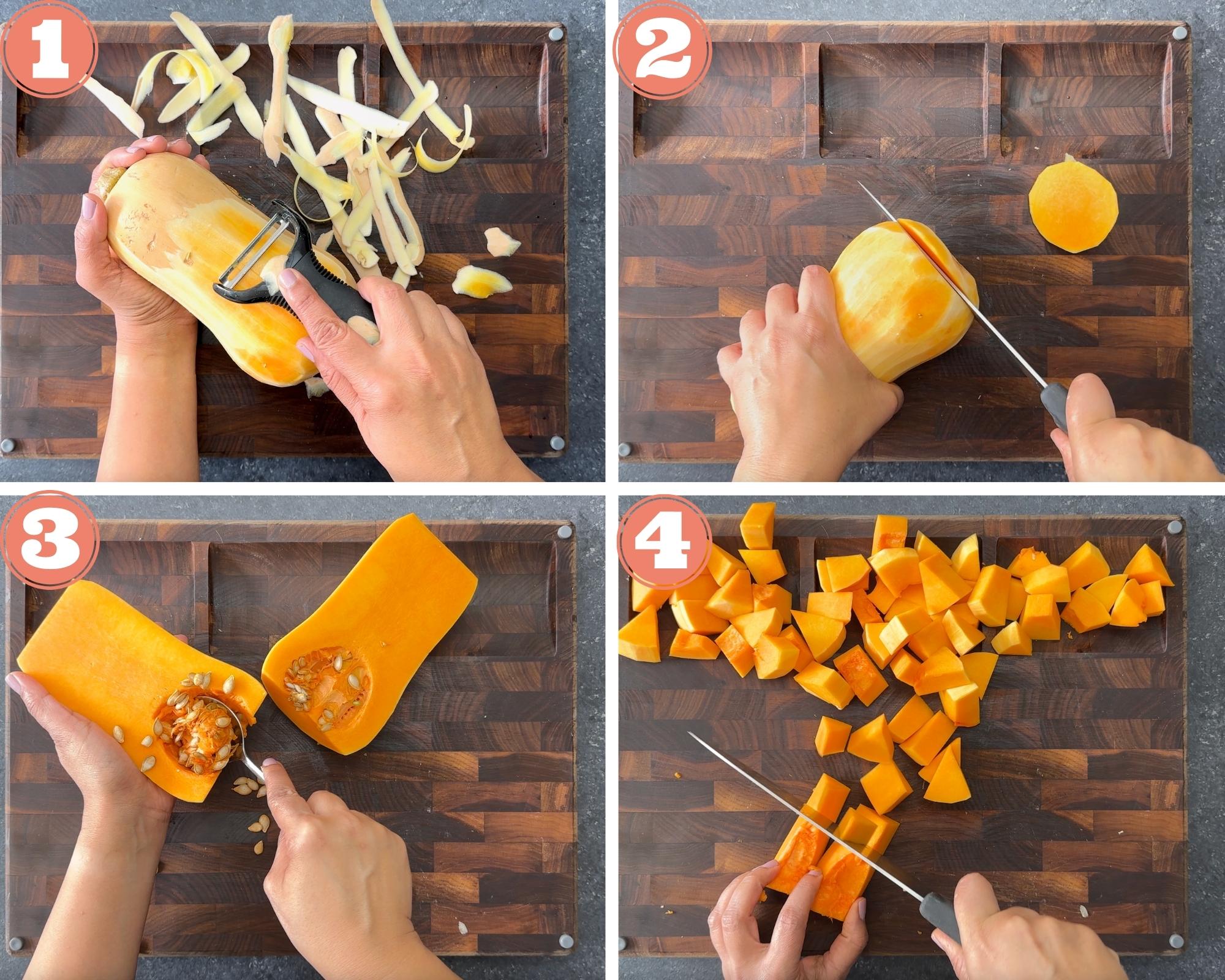 4-image grid showing how to peel and chop butternut squash