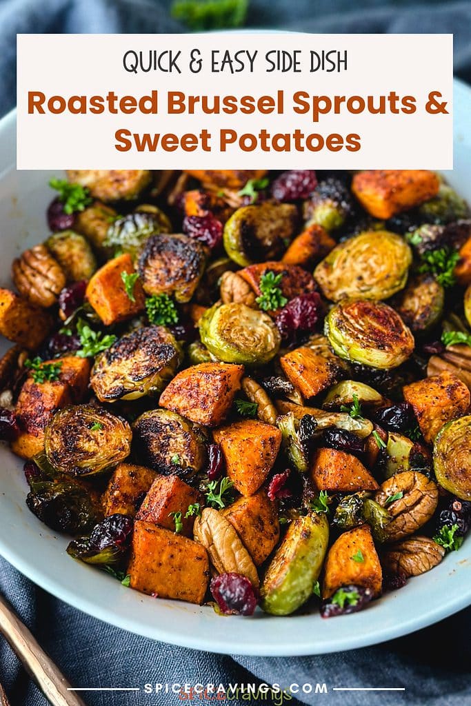 roasted sweet potato brussel sprouts in large serving bowl