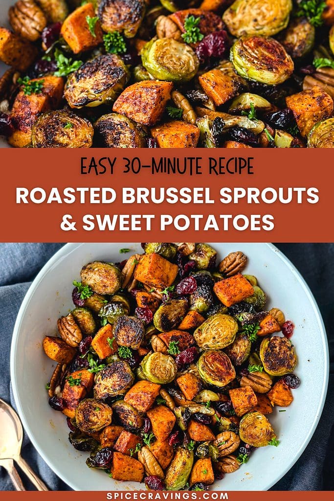 roasted brussels sprouts sweet potatoes in large serving bowl