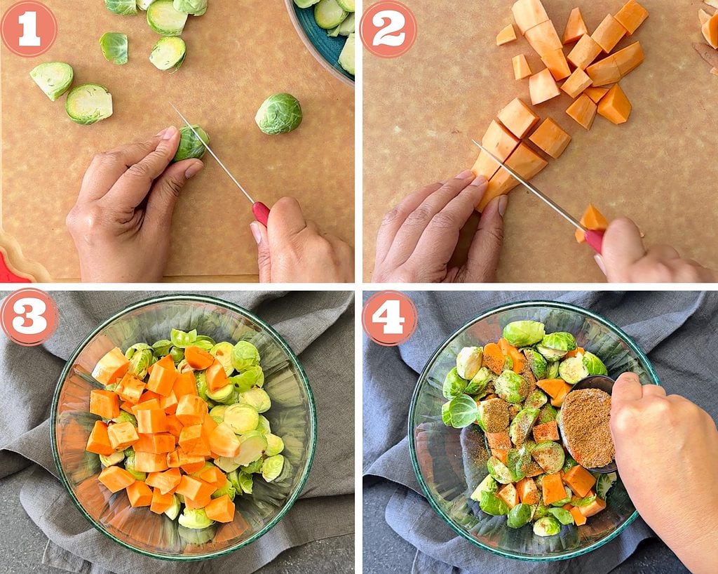 four step grid preparing brussel sprouts and sweet potatotes