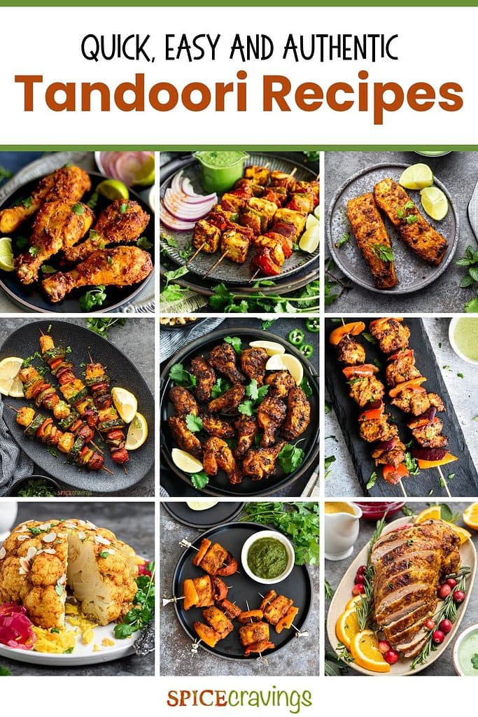 9-image grid with Indian tandoori dishes like chicken, fish, paneer