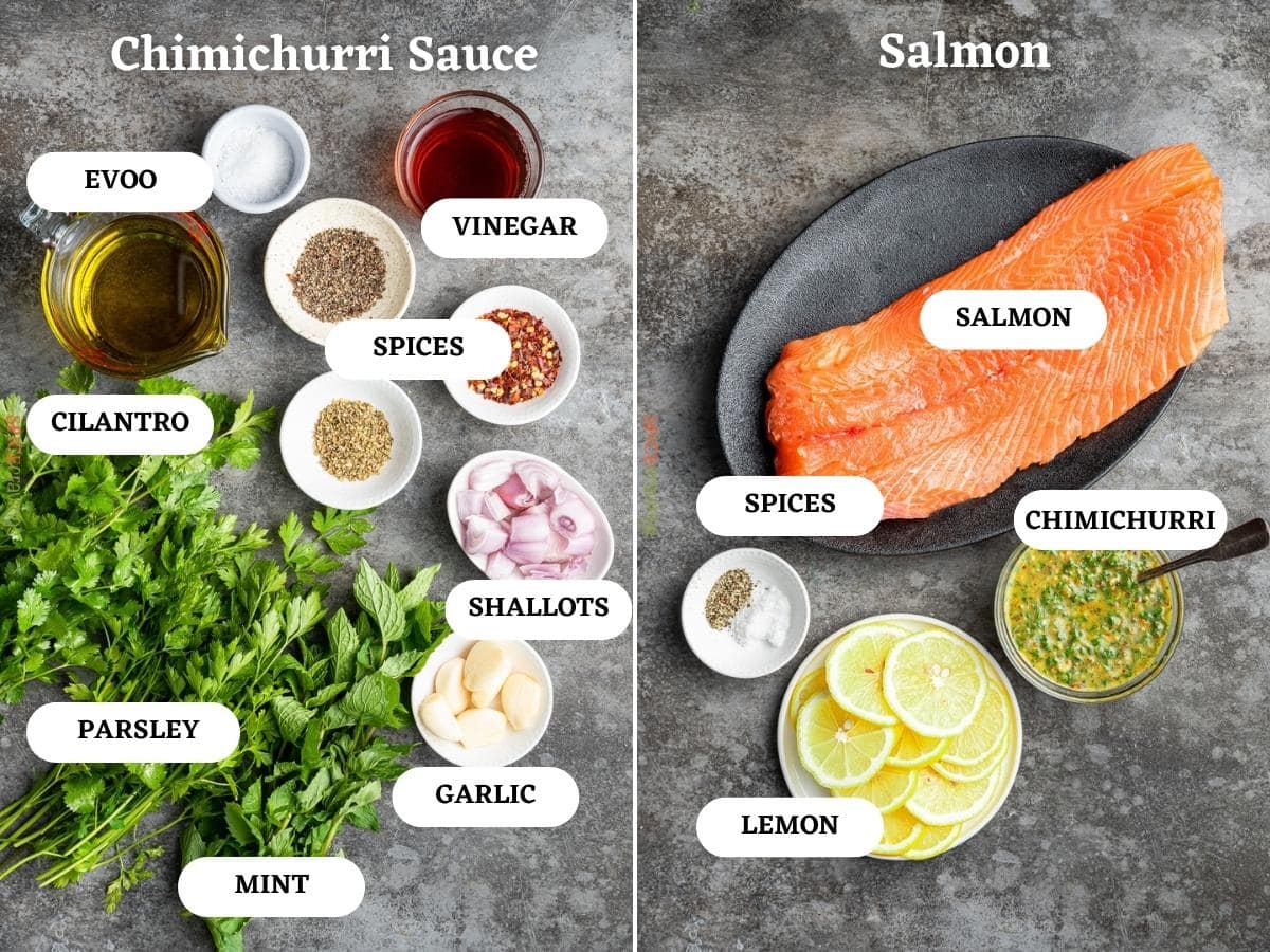 Two boards with chimichurri sauce ingredients on left and salmon ingredients on right
