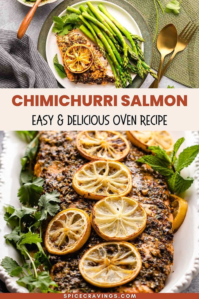 chimichurri salmon garnished with lemon sliced on white serving platter