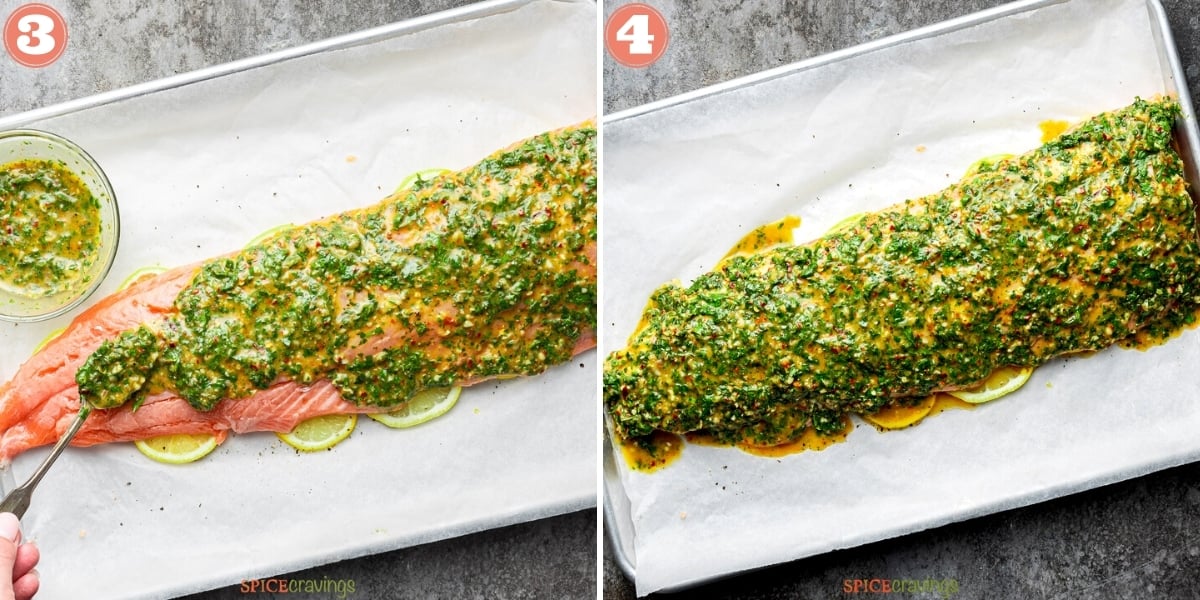 two step grid marinating whole salmon fillet with chimichurri sauce