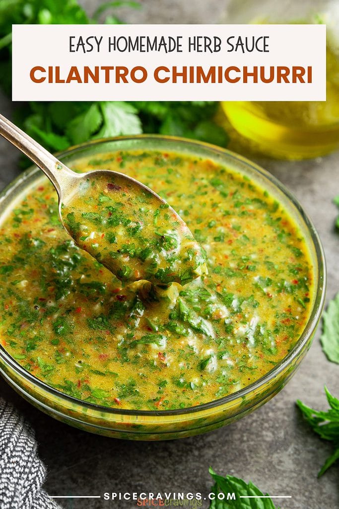 cilantro chimichurri green sauce in glass bowl with spoon