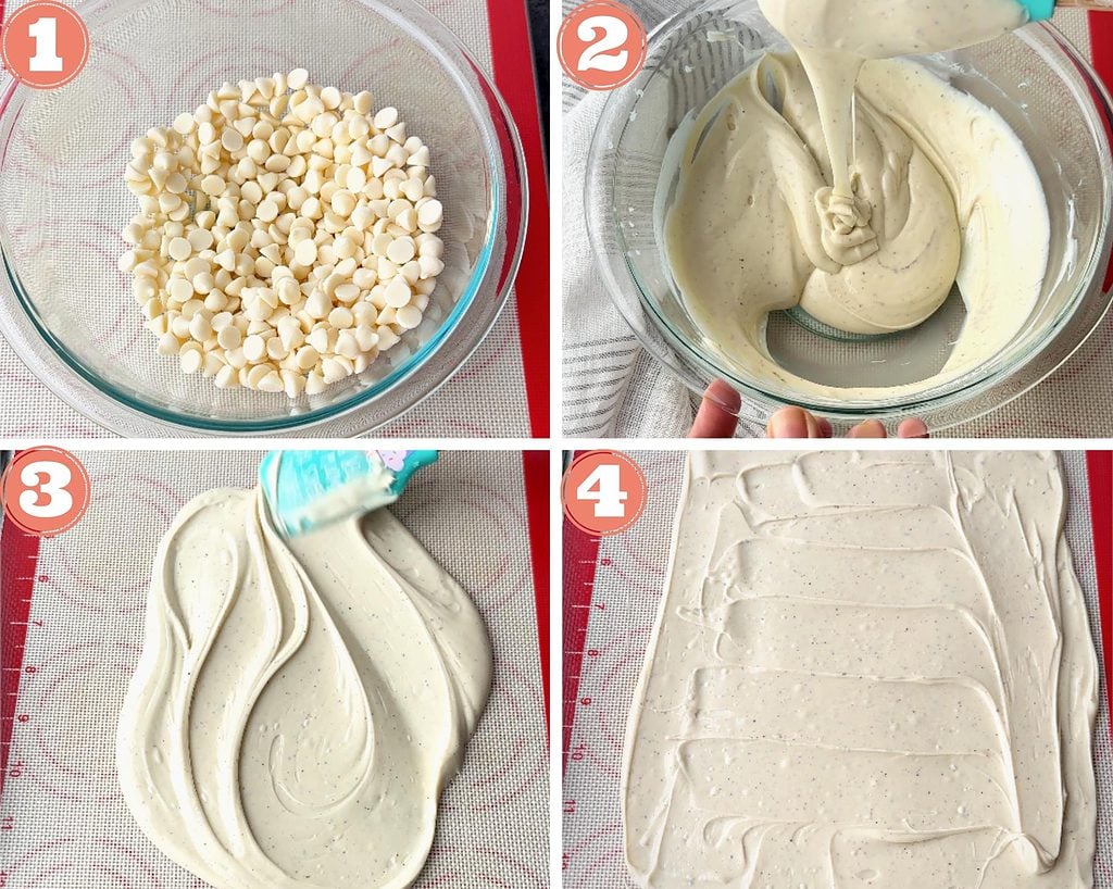 Steps 1-4 showing melting and spreading white chocolate
