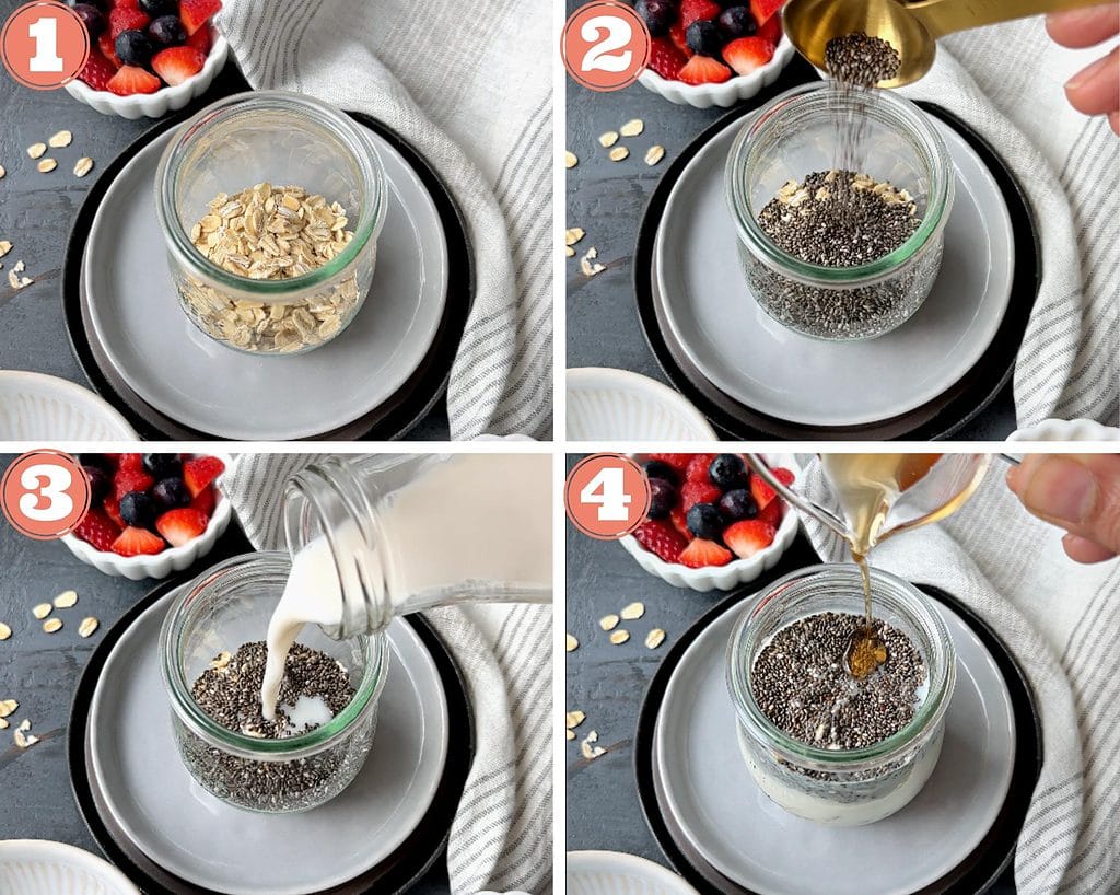 four step grid preparing overnight oats with chia seeds recipe