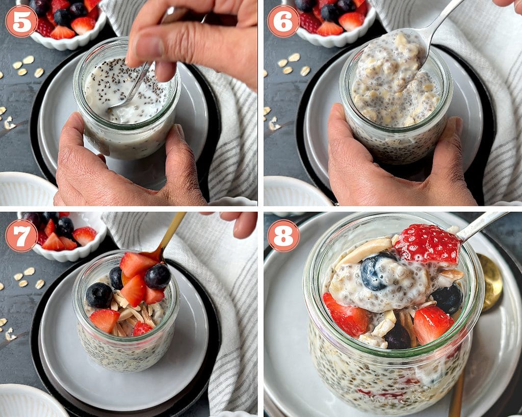 four step grid finishing overnight oats with chia seeds