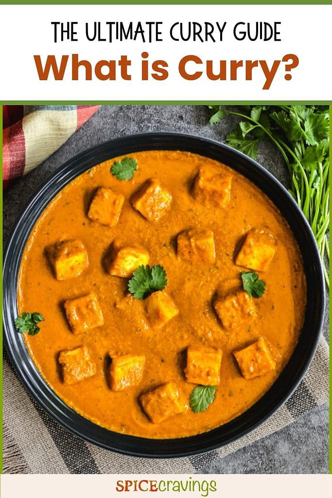 Bowl of curry with paneer and cilantro leaves