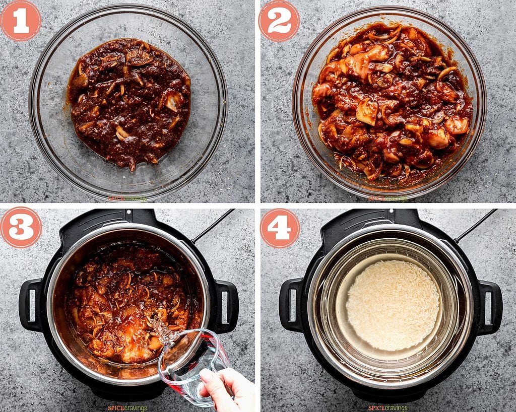 Steps 1-4 showing how to marinate gochujang chicken and cook in instant pot