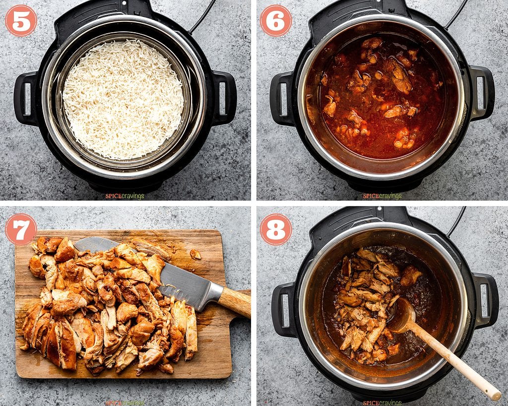 Steps 5-8 showing cooked rice and chicken, cut chicken on board, then chicken in sauce in instant pot