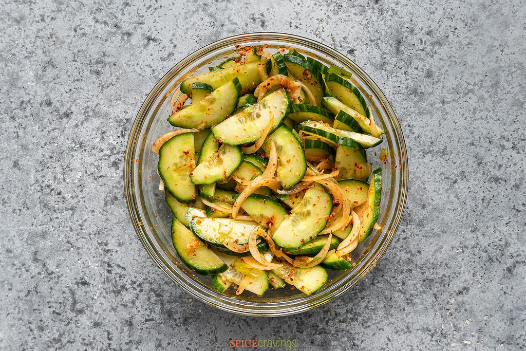 cucumber salad with onion and red pepper flakes