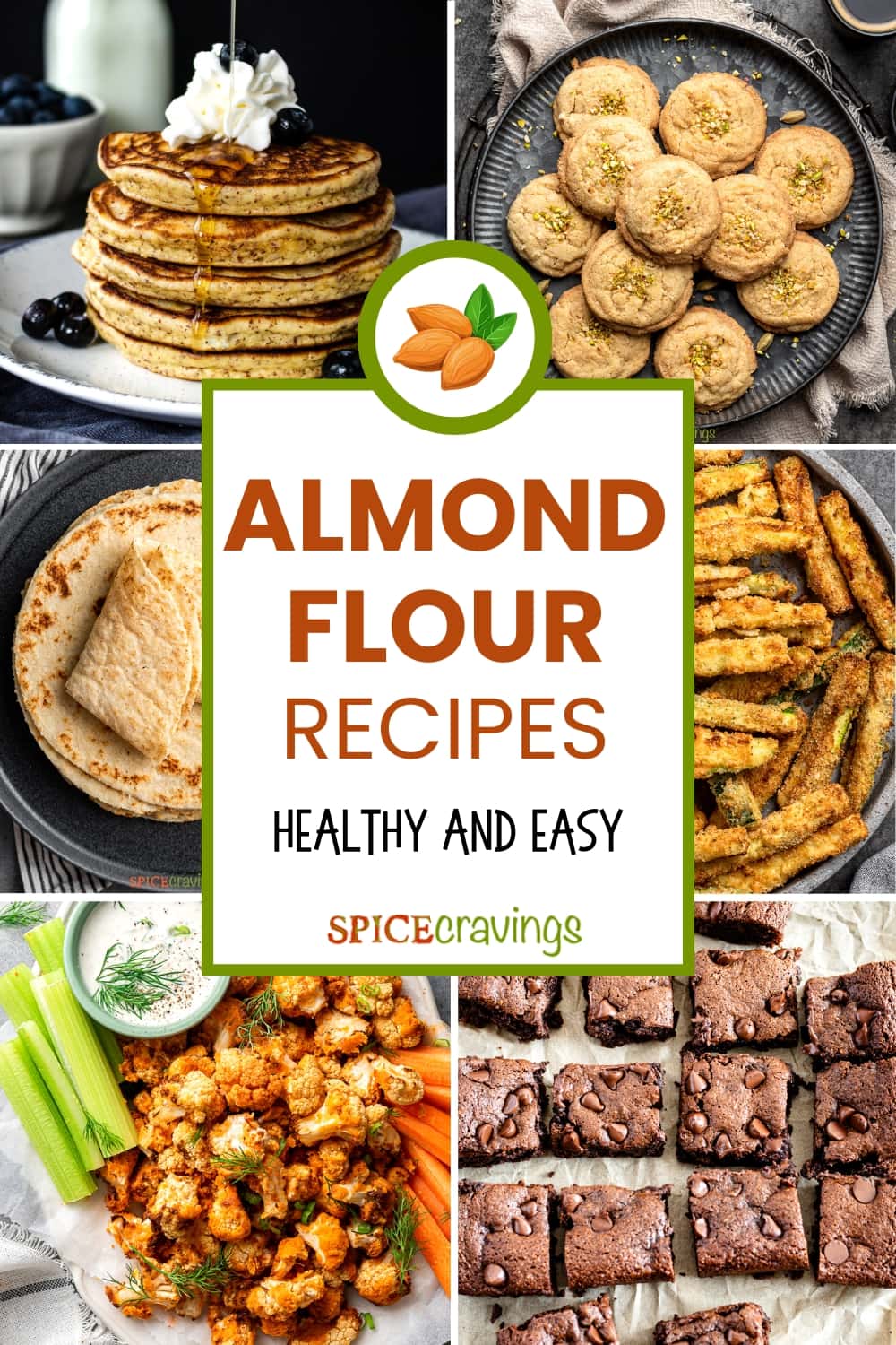 collage of 6 recipes with almond flour including pancakes, cookies, brownies and tortillas