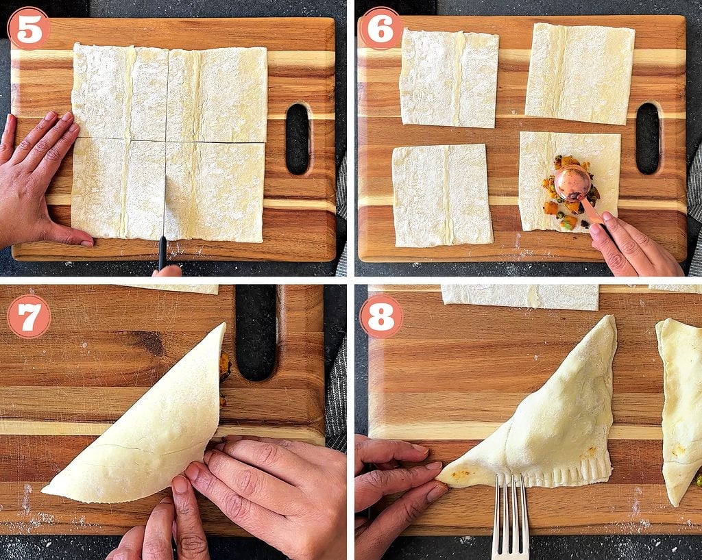 Steps 5 to 8 showing assembling and sealing curry puff