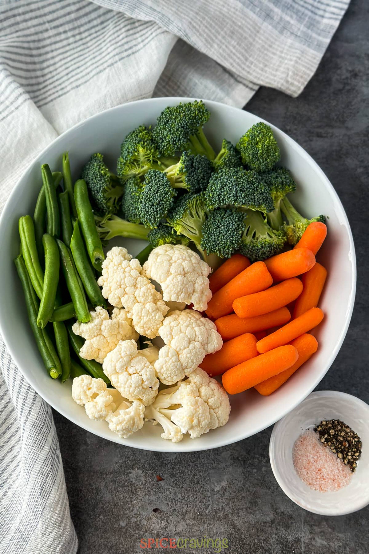 green beans, broccoli, cauliflower, carrots, salt, pepper