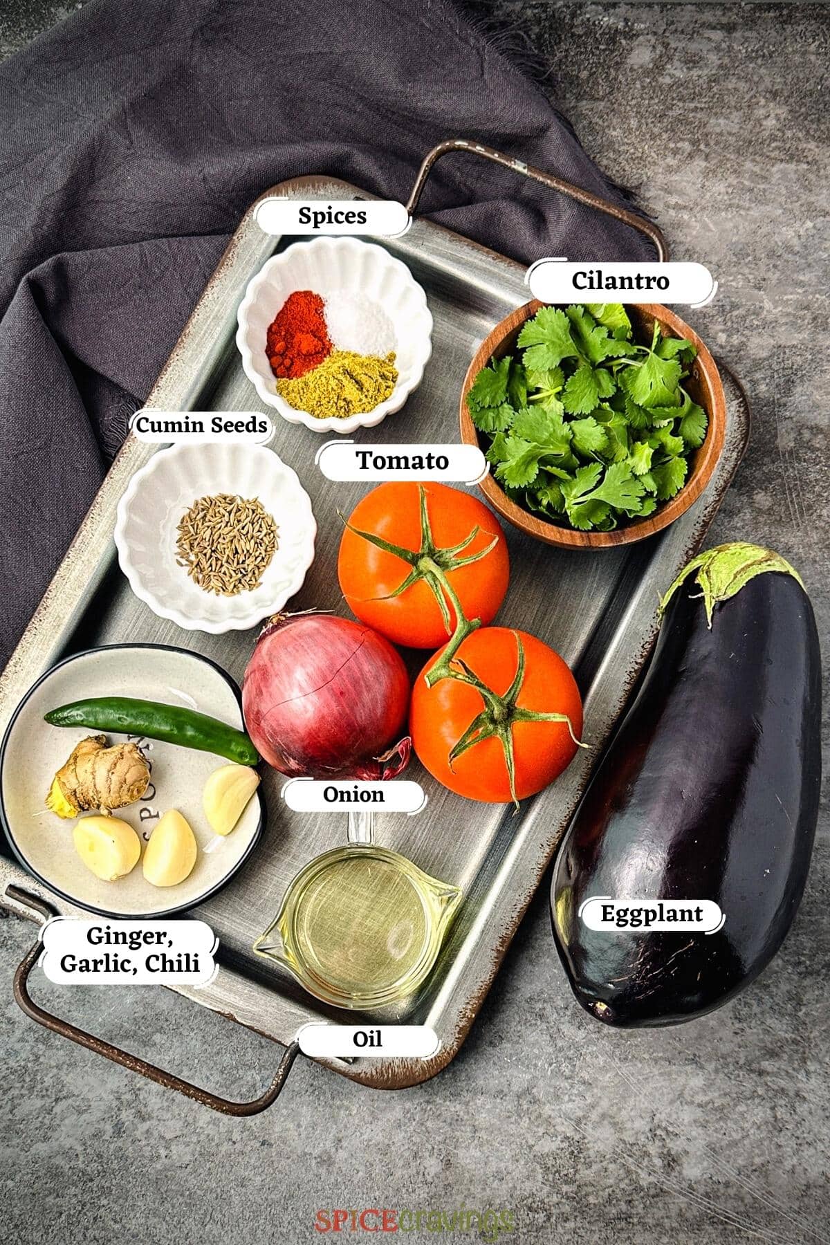 eggplant, tomato, cilantro among other ingredients on metal tray