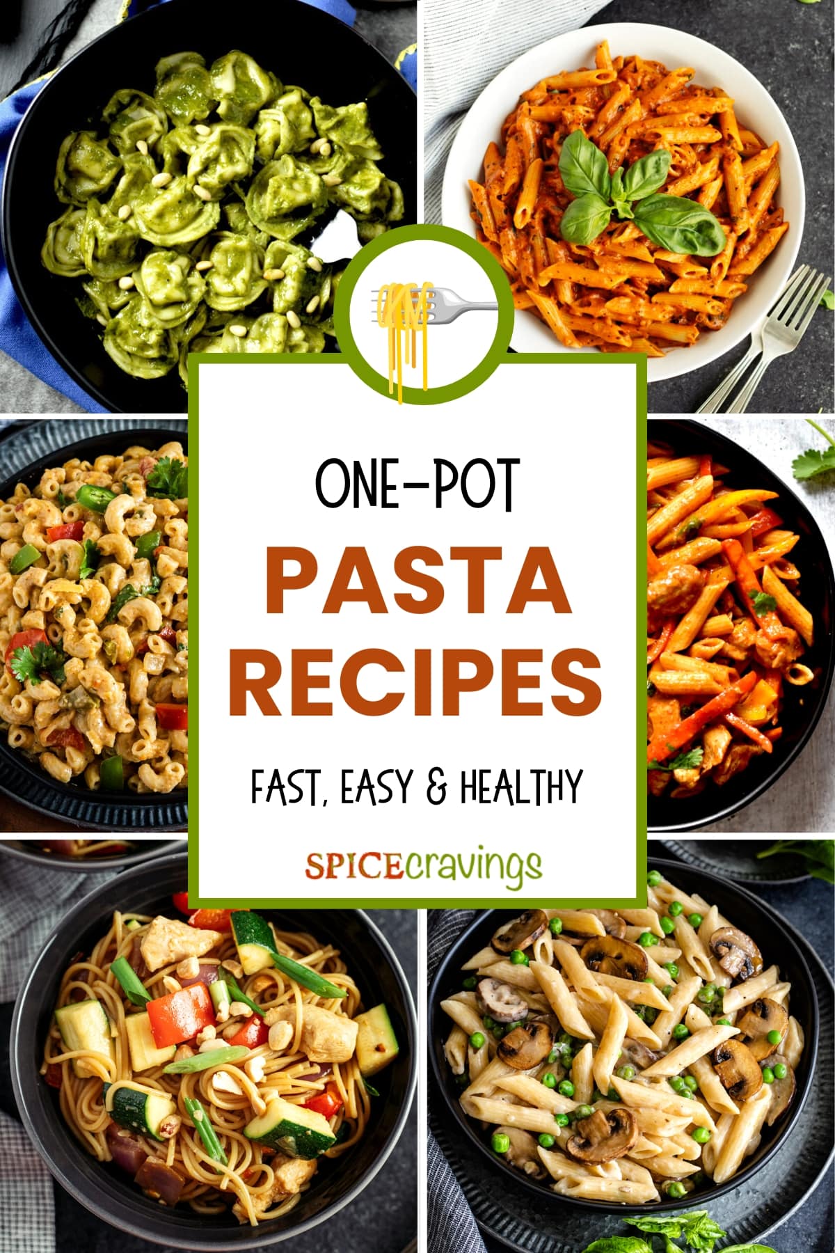 6-image grid with pasta recipes with the title "one pot pasta recipes"