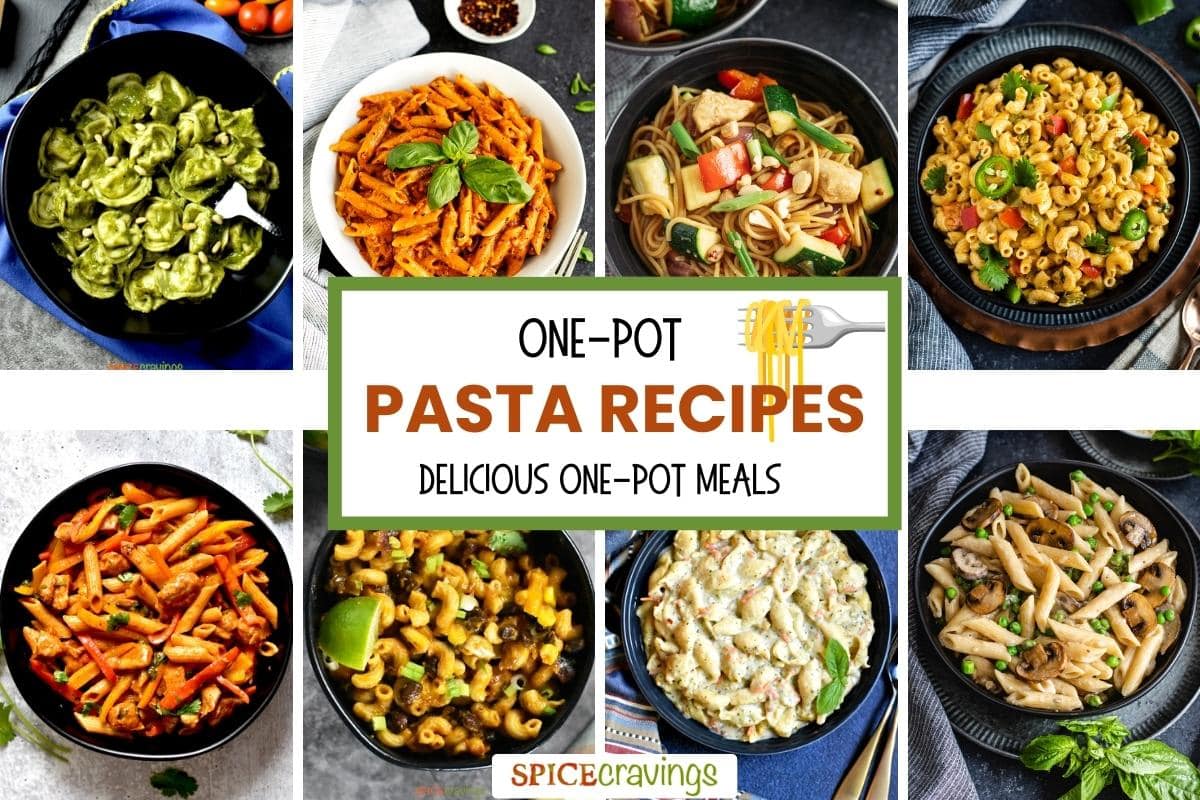 8-image grid showcasing a collection of recipes with pasta.