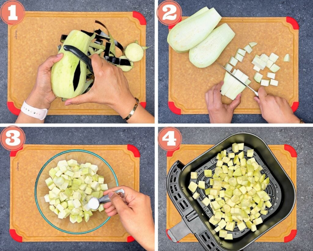 4-step grid showing how to peel, cube, season and air fryer eggplant