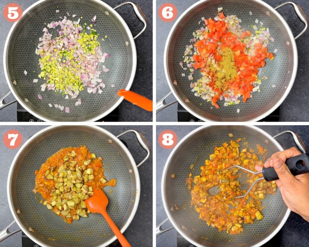 Steps 5 to 8 showing how to make eggplant mash in wok