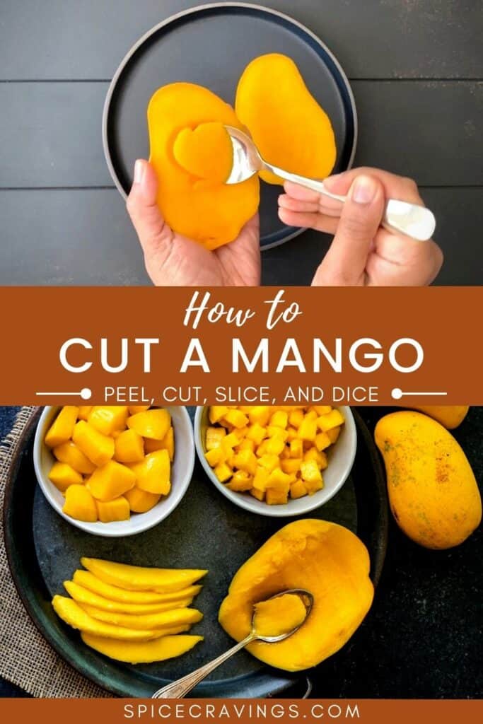 Two images showing cut, sliced and whole mango