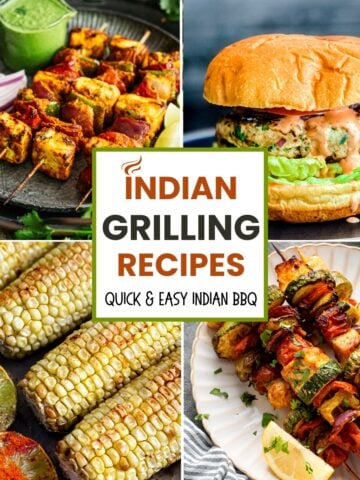 Poster with a 4-image grid showing Indian grilling recipes including tikka, kebab, burger, and corn.