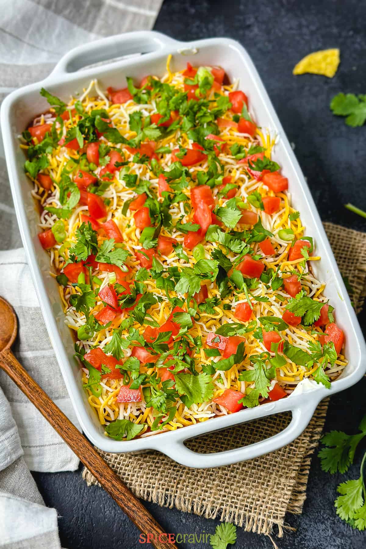 Mexican Dip in white pan topped with tomato, cilantro and cheese