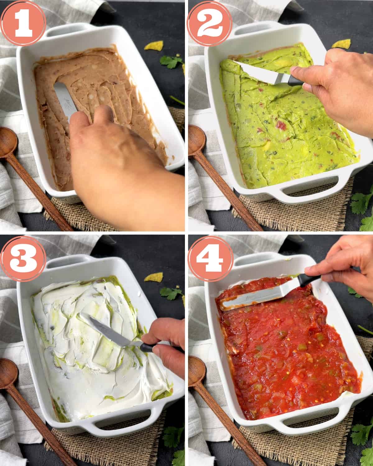 4-image grid showing steps 1 to 4 layering a mexican dip