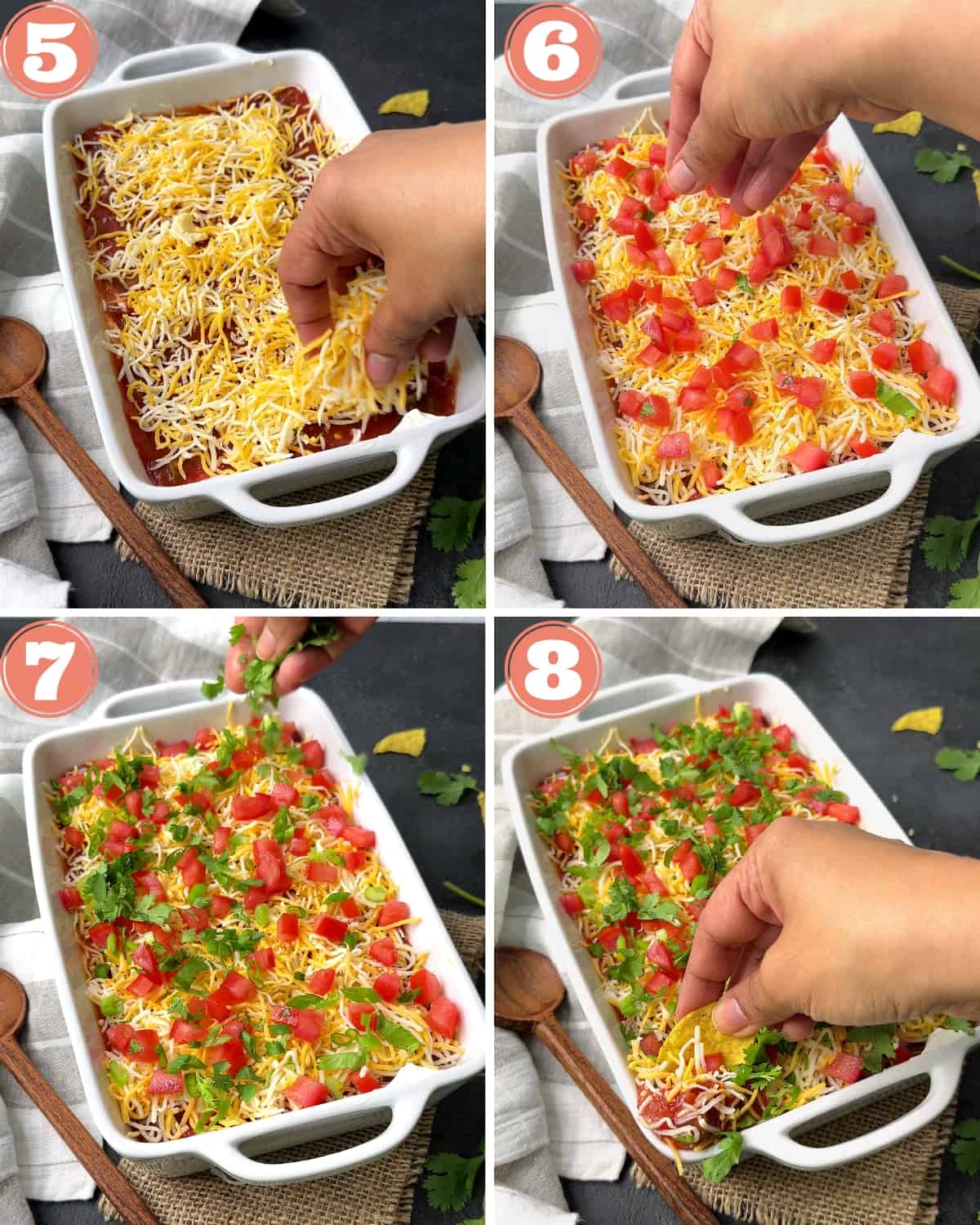4-image grid showing steps 5 to 8 layering a mexican dip
