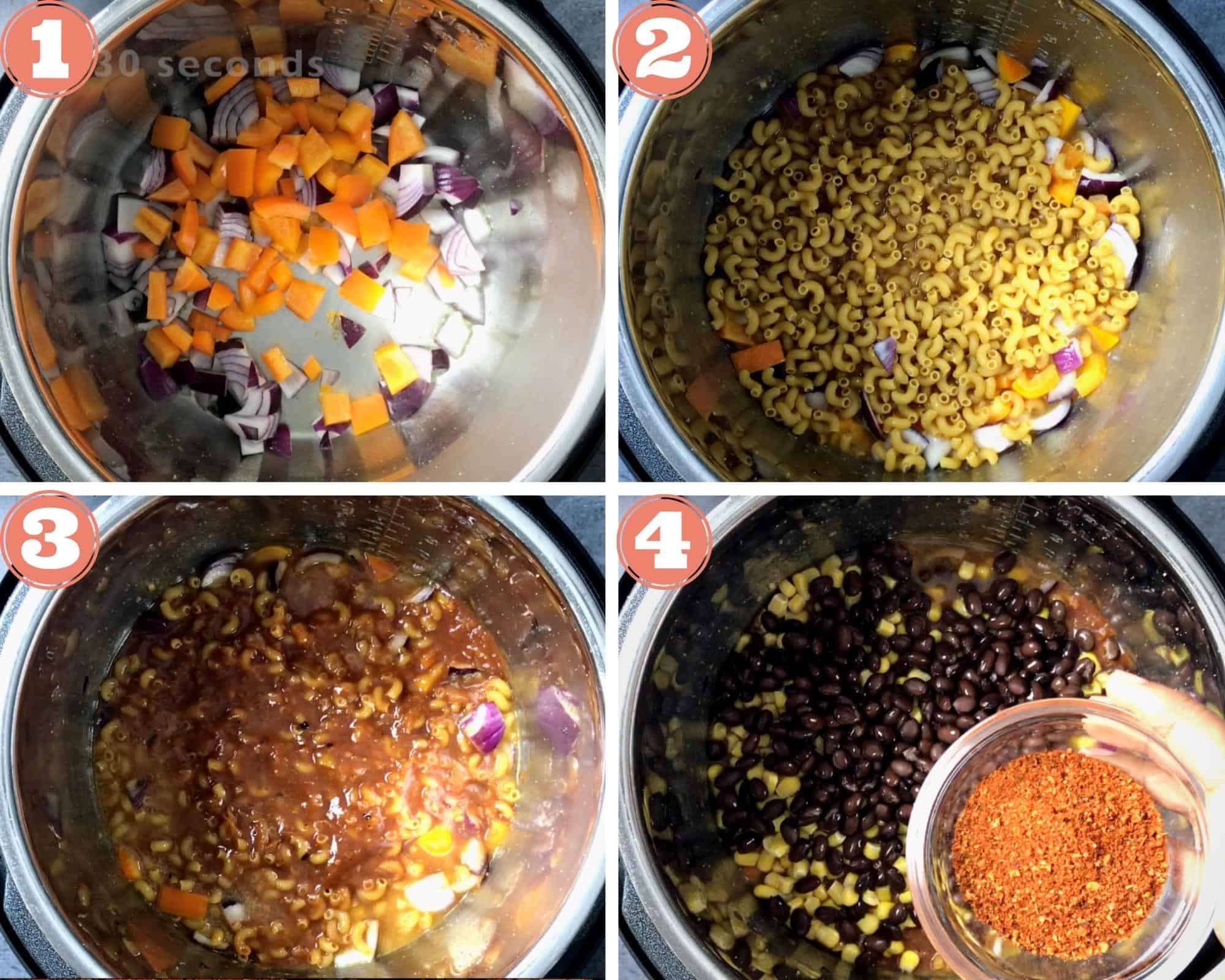 4-step grid showing how to saute, assemble and pressure cook pasta with beans, corn and spices