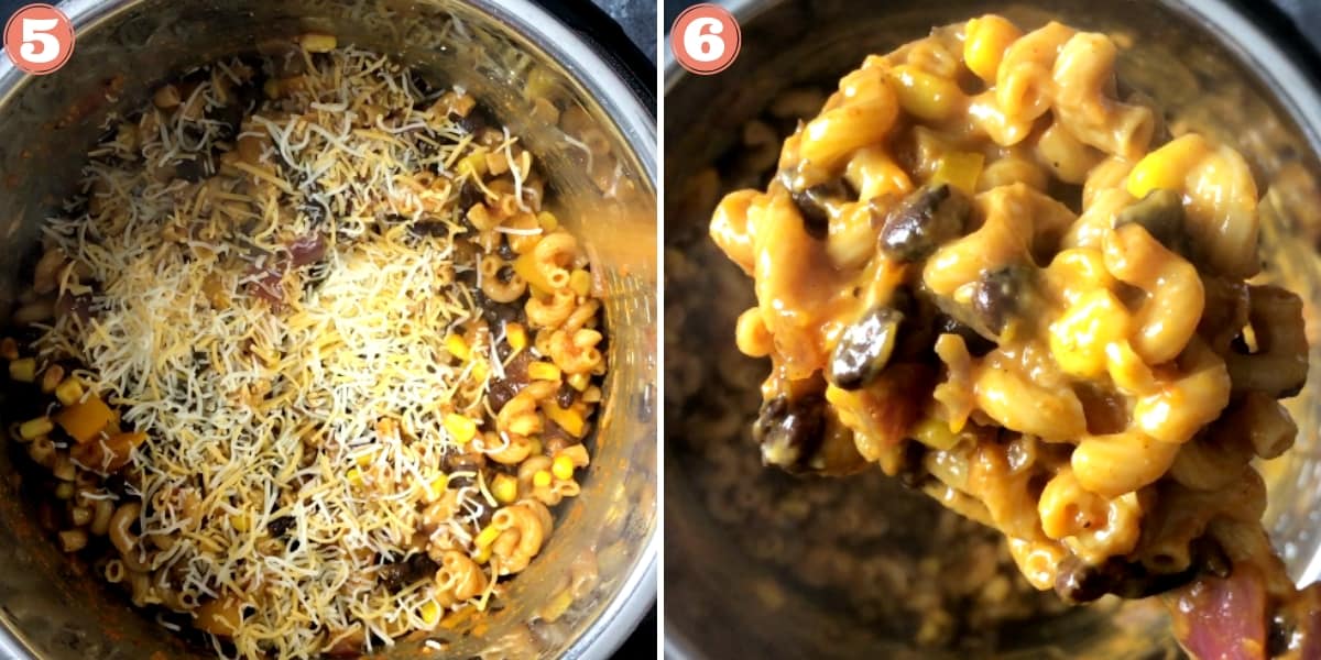 2-step photo grid showing cheese on top of taco pasta, then melted cheesy pasta loaded in spoon
