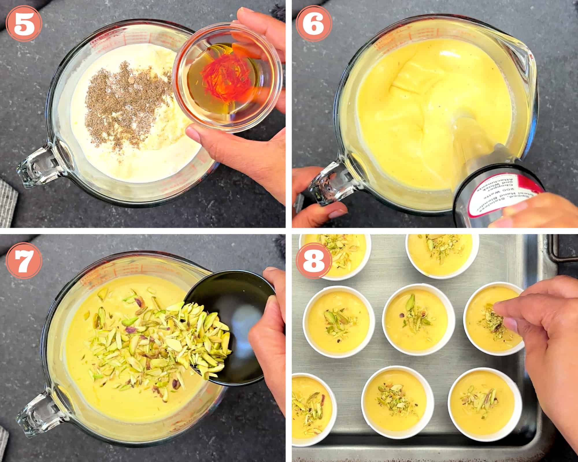 4-Image grid showing how to prepare and pour mango ice cream batter, then garnish with pistachios