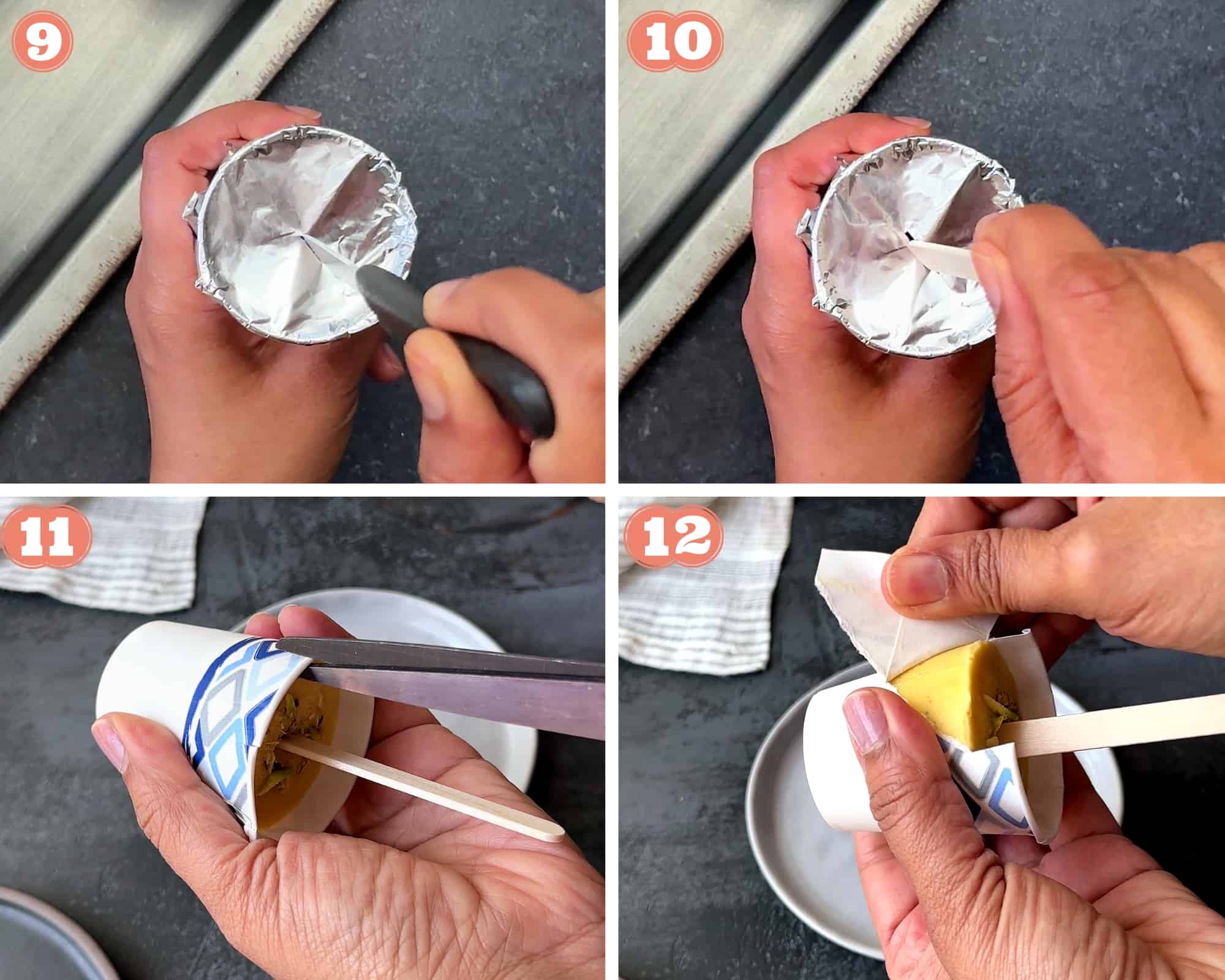 4-image grid showing how to insert ice cream stick in cup, them cut and peel it off