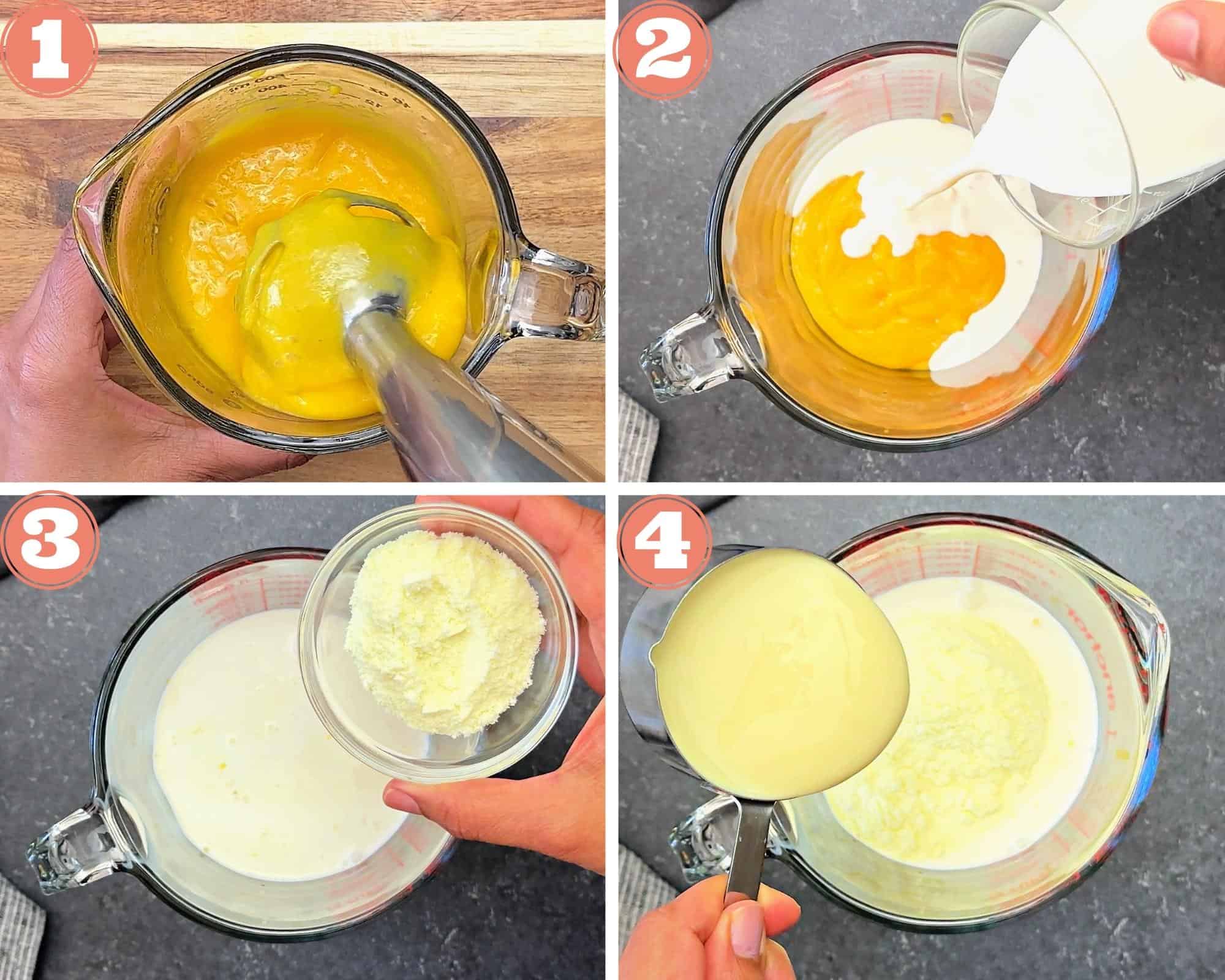 4-image grid showing pureed mango, adding cream, milk powder and condensed milk to mixture