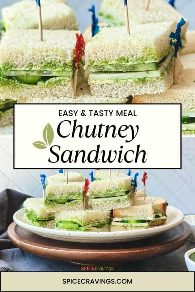 Chutney sandwich with cucumber and cheese with toothpicks stacked on a plate
