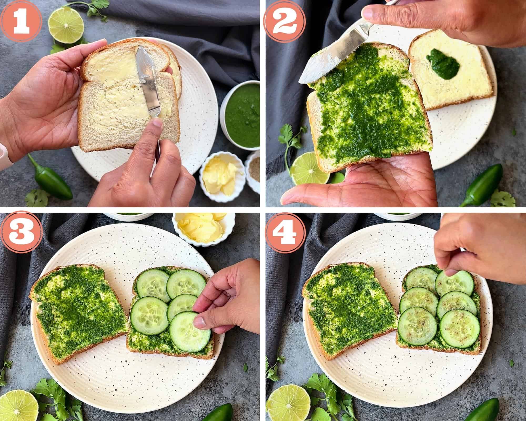 4-step image collage showing how to make chutney sandwich with butter, chutney and cucumbers