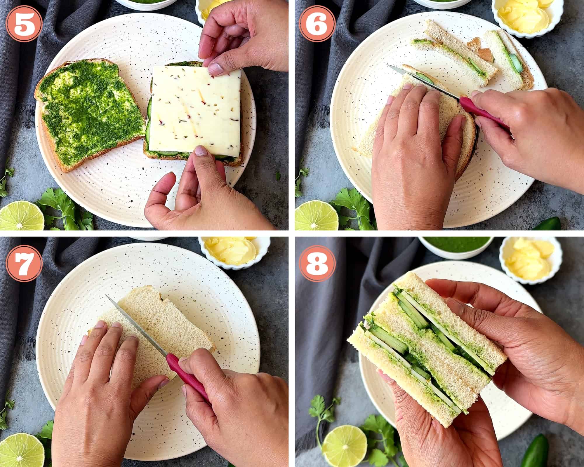 Steps 5 to 8 showing how to assemble chutney sandwich with cheese and slice it.