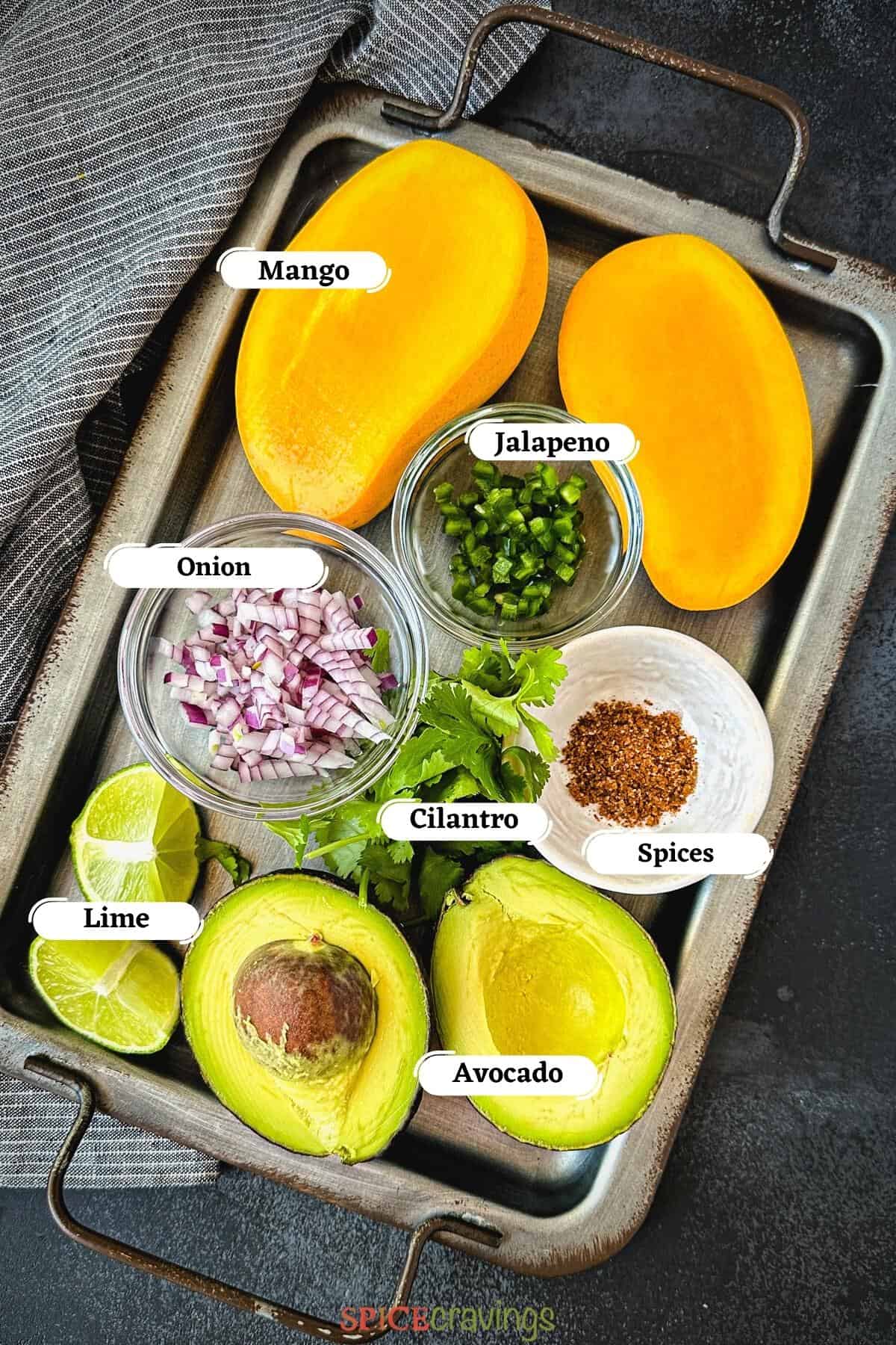 Mango, avocado, onion, spices among other ingredients on grey tray