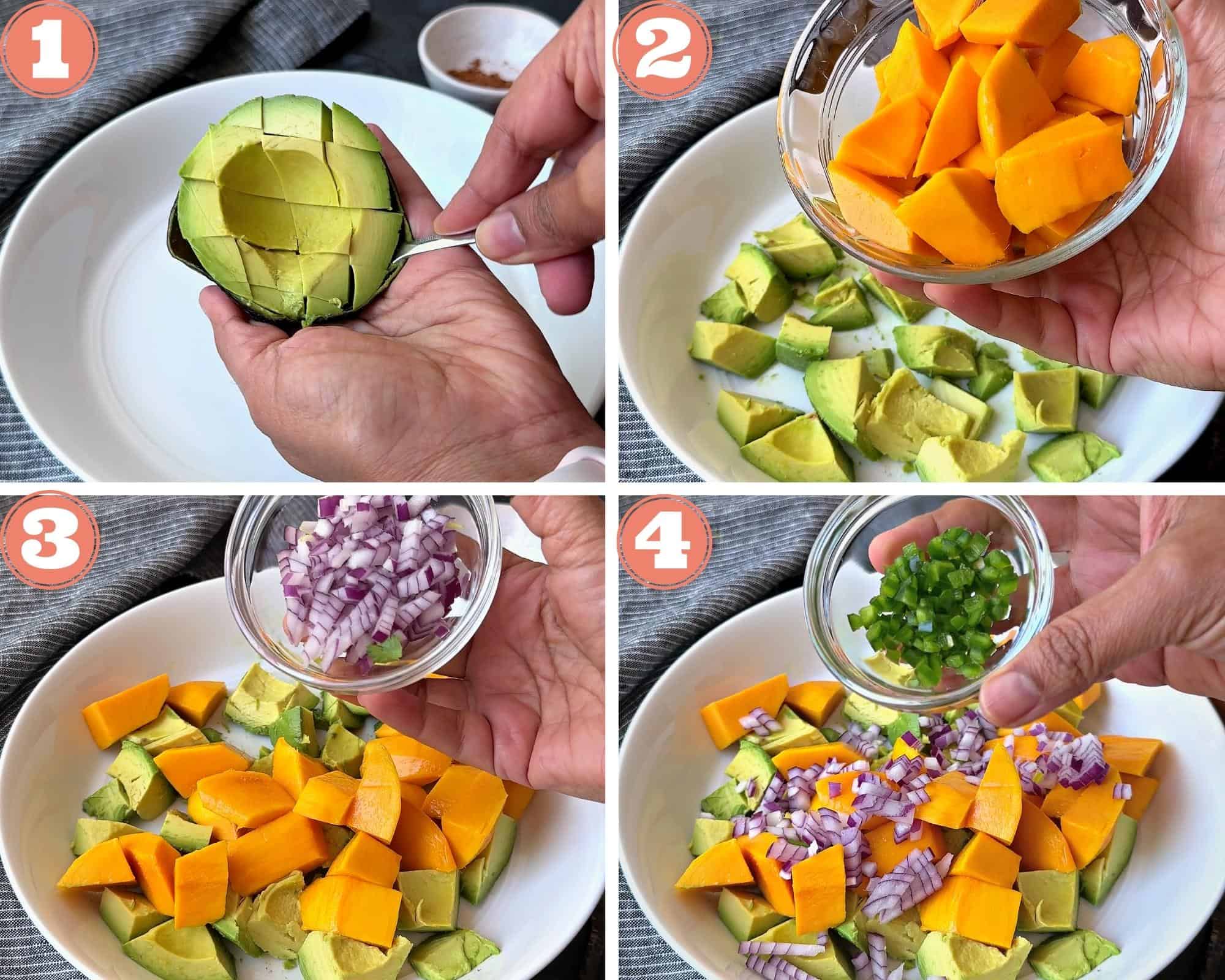 4-step photo grid showing cubing avocado, mango, adding onion and jalapeno