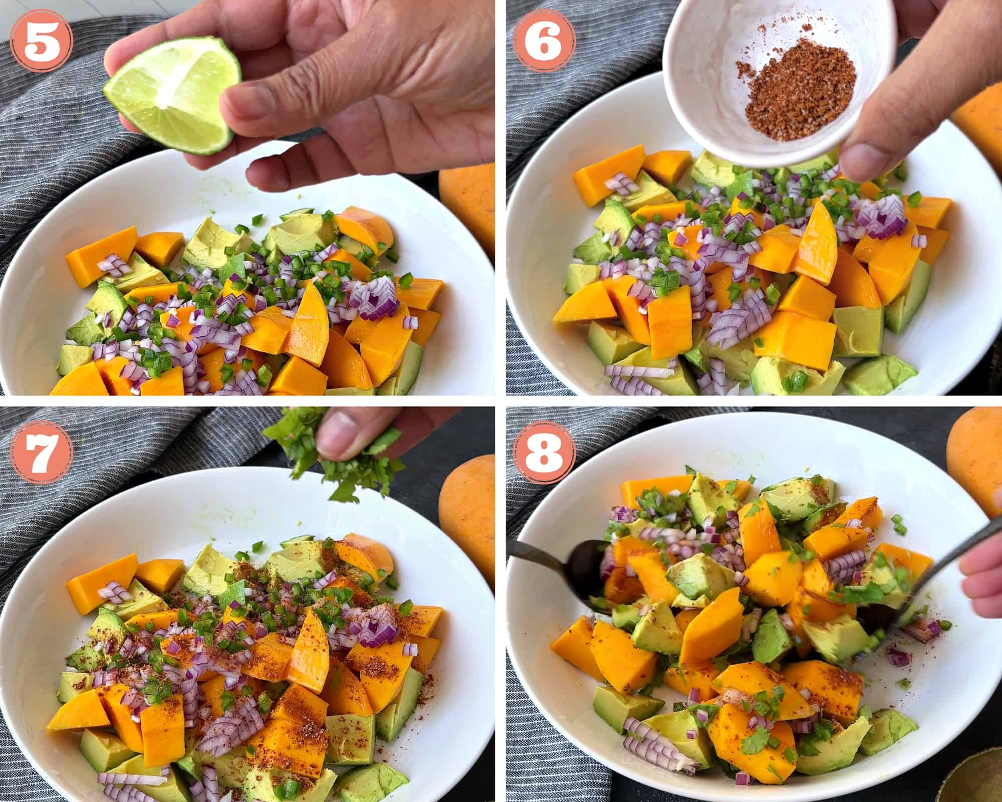 4-step photo grid showing adding lime, spices, cilantro to mango avocado salad